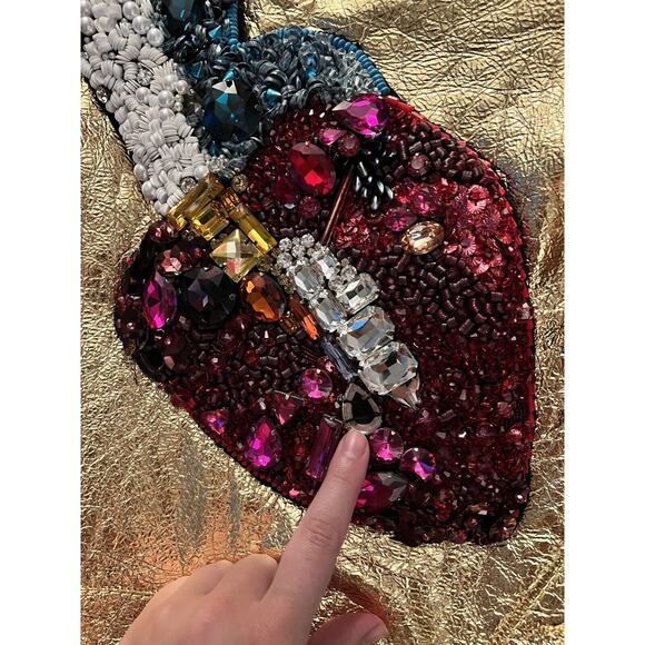 Marc Jacobs Fox Fur Leather Jacket Gold Sequin Lips disco retro M 6 - Picture 7 of 11